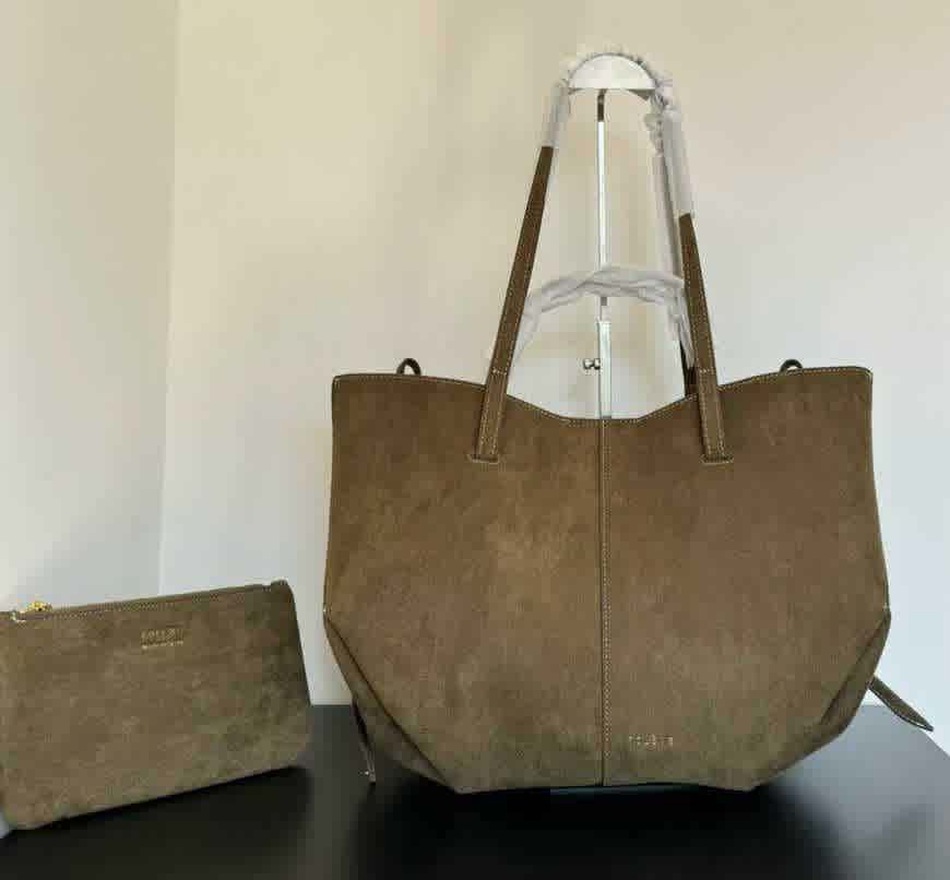 Green Polène Suede Brown Leather Tote Bag