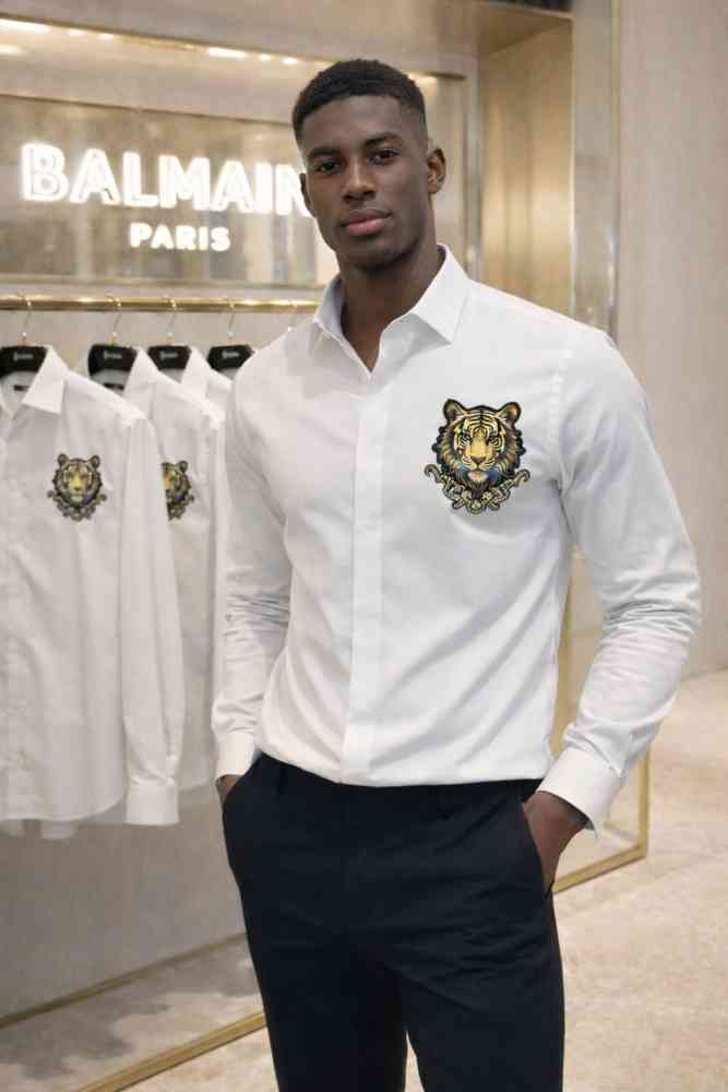 White Balmain Embroidered Black Premium Cotton Shirt