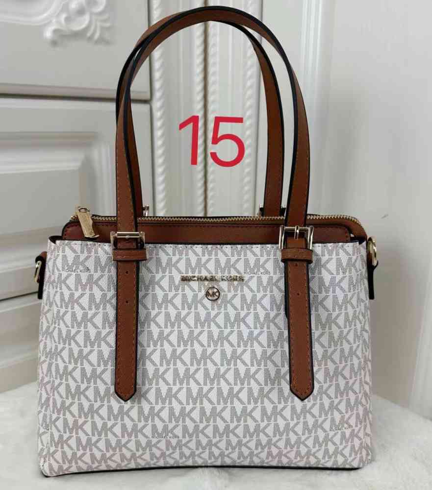 White Michael Kors Voyager Medium Logo Brown Tote Bag
