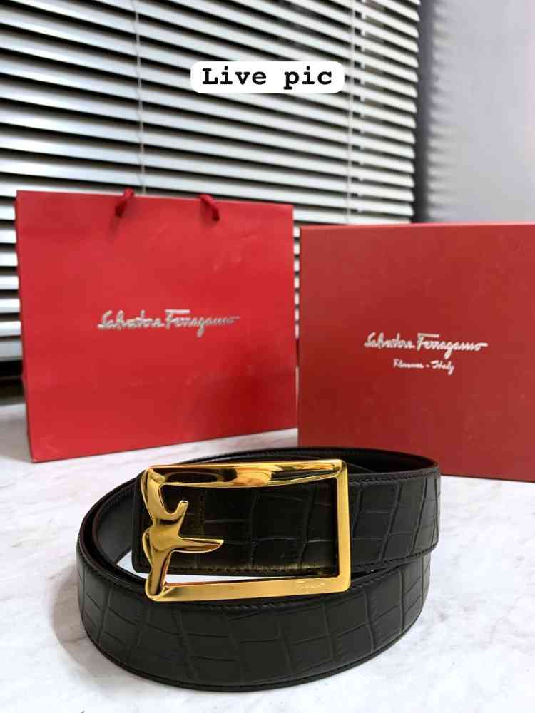 Salvatore Ferragamo Golden & Black Premium Quality Leather Belt-thumb-1