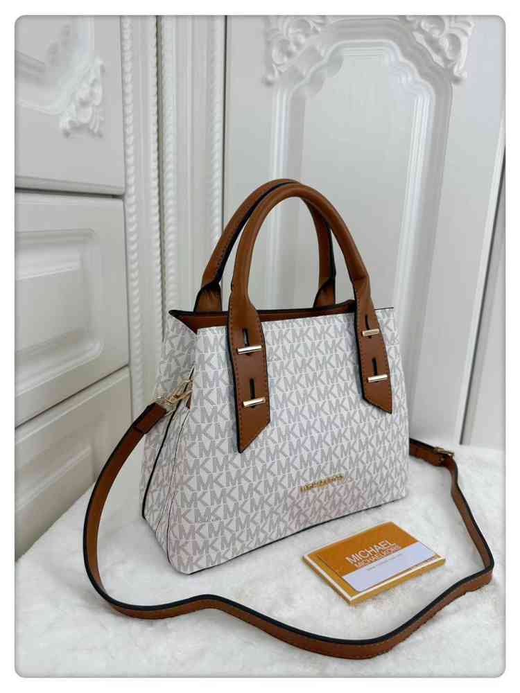 White Michael Kors Signature Boston Dark Brown Leather Tote Bag