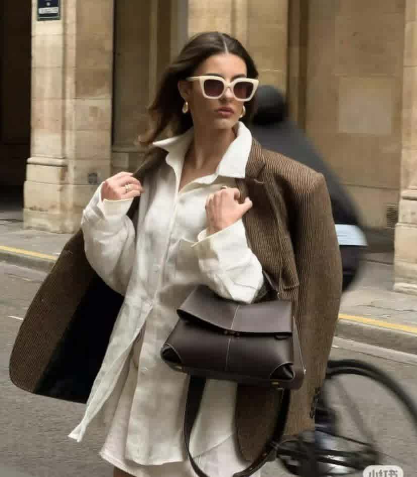 Dark Brown Polène Mokki Textured Beige suede Handbag