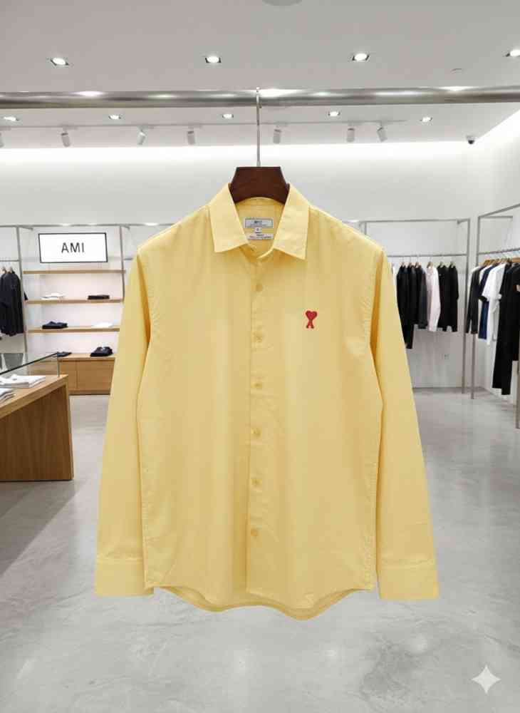 Yellow Ami Paris Heart Logo Green Striped Shirt