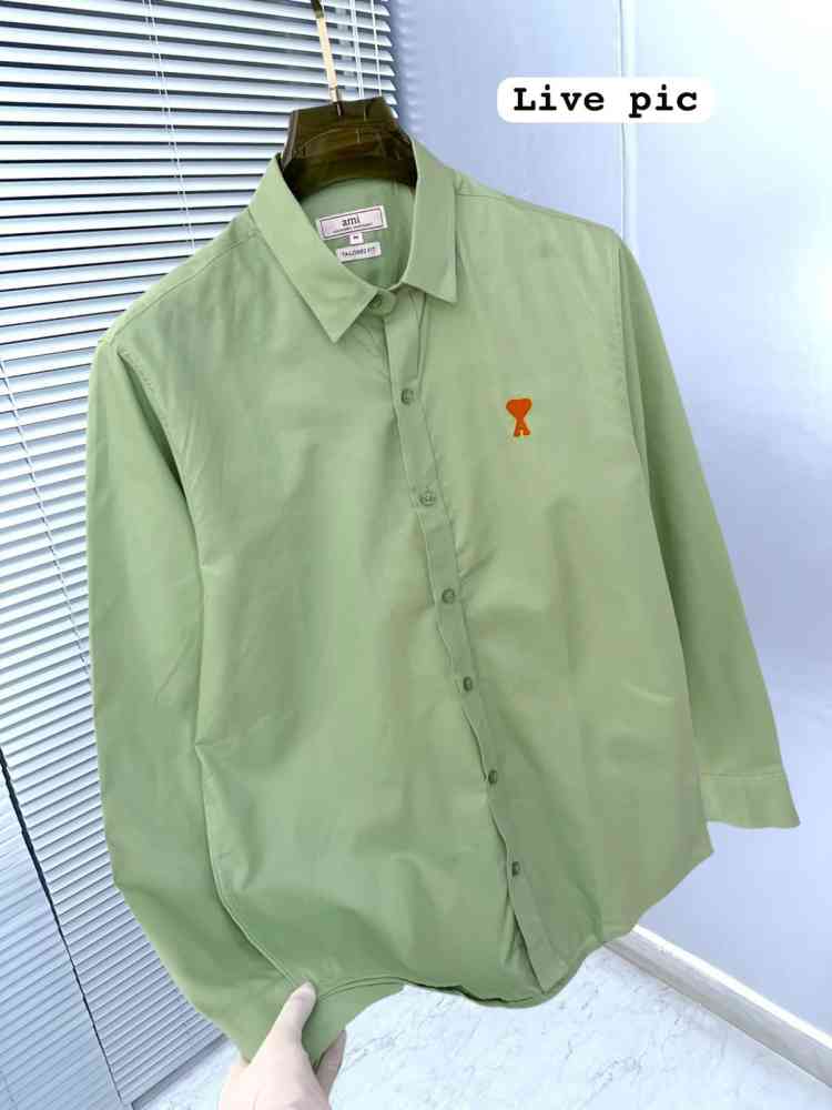 Ami Paris Heart Logo Green Striped Shirt-2