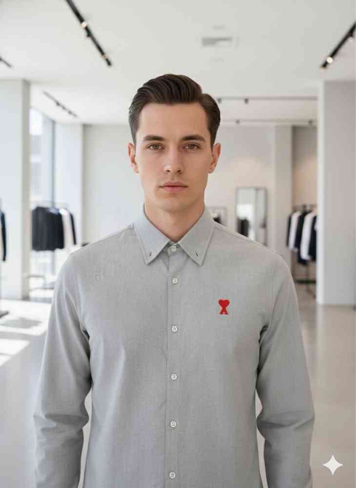 Ami Paris Heart Logo Grey Striped Shirt-1