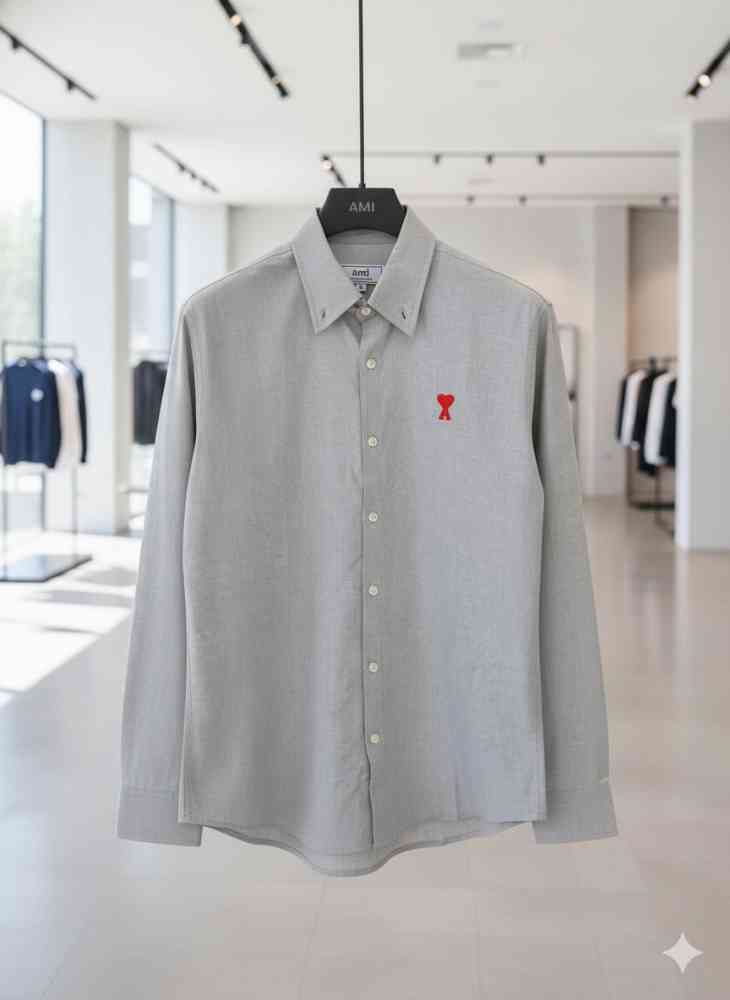 Grey Ami Paris Heart Logo Green Striped Shirt