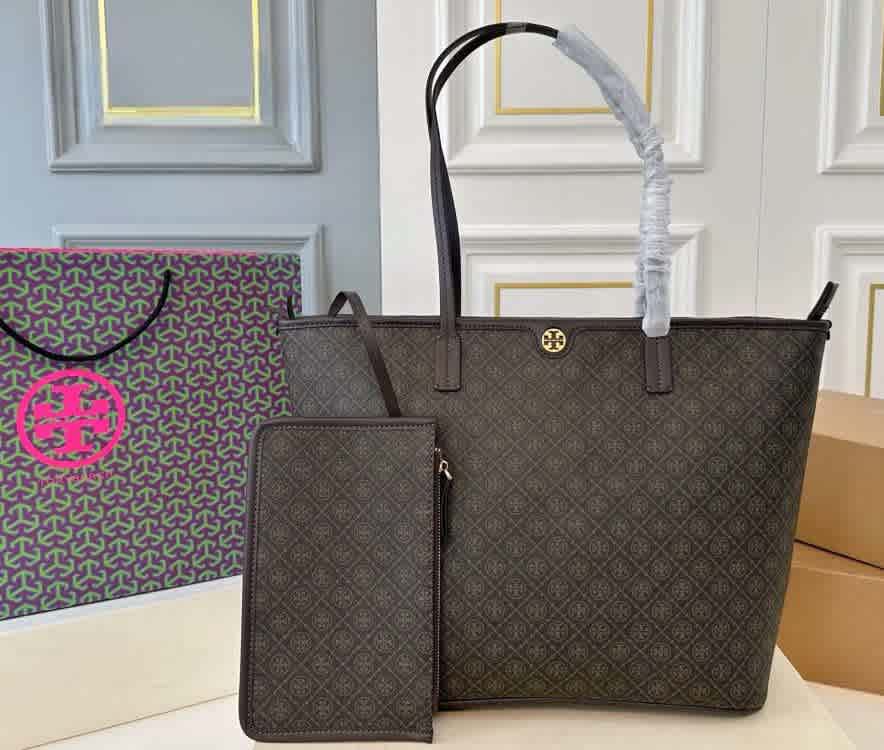 Tory Burch Perry Dark Brown Small Embossed Tote Bag-1