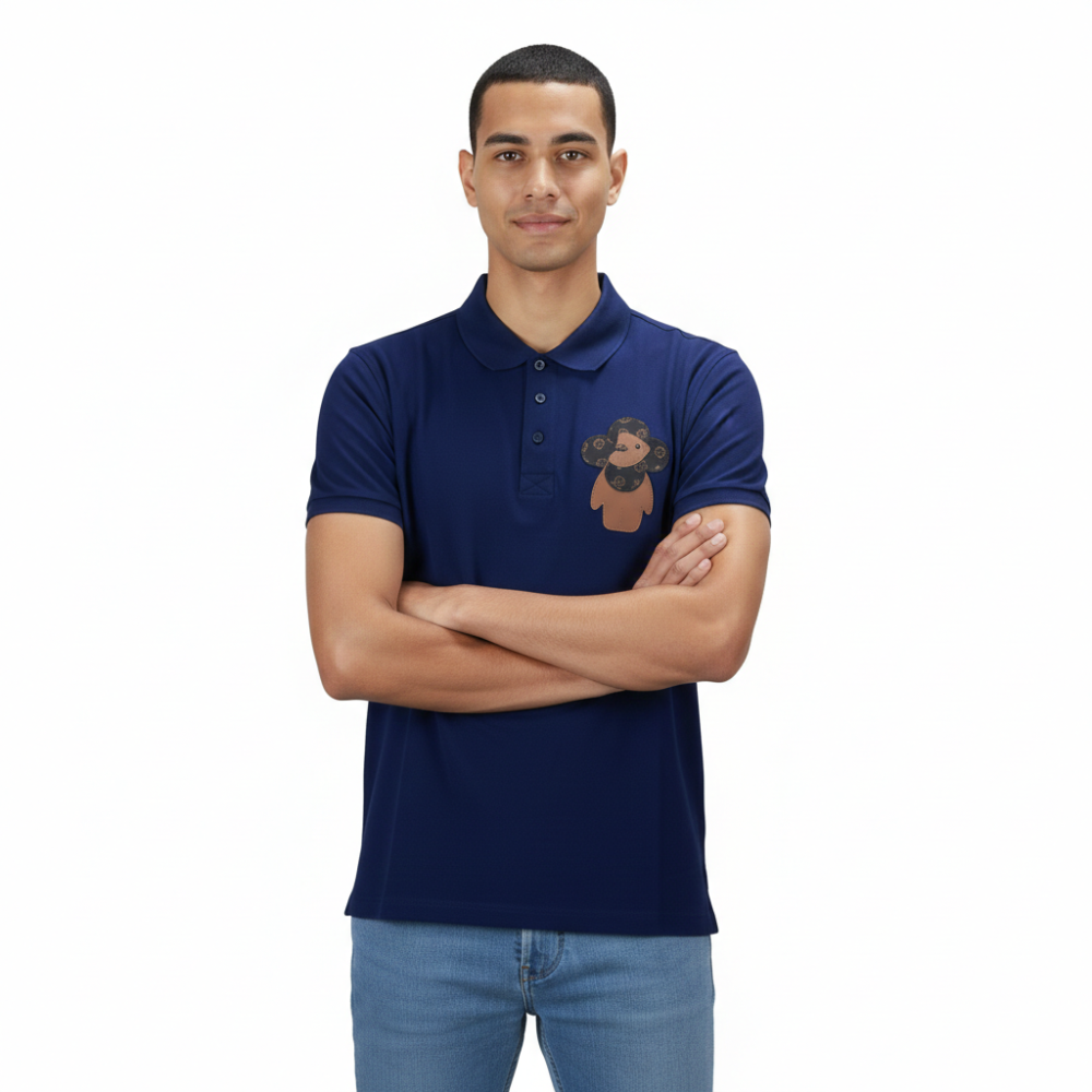 Blue Louis Vuitton Black Embossed Teddy Premium Polo T-shirt