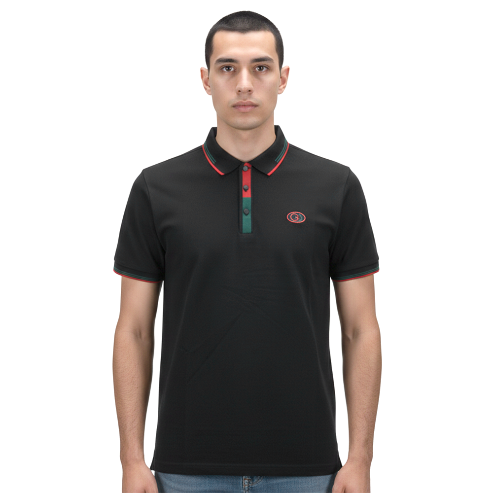 Black Gucci Embroidered logo Cream Cotton Polo T-shirt