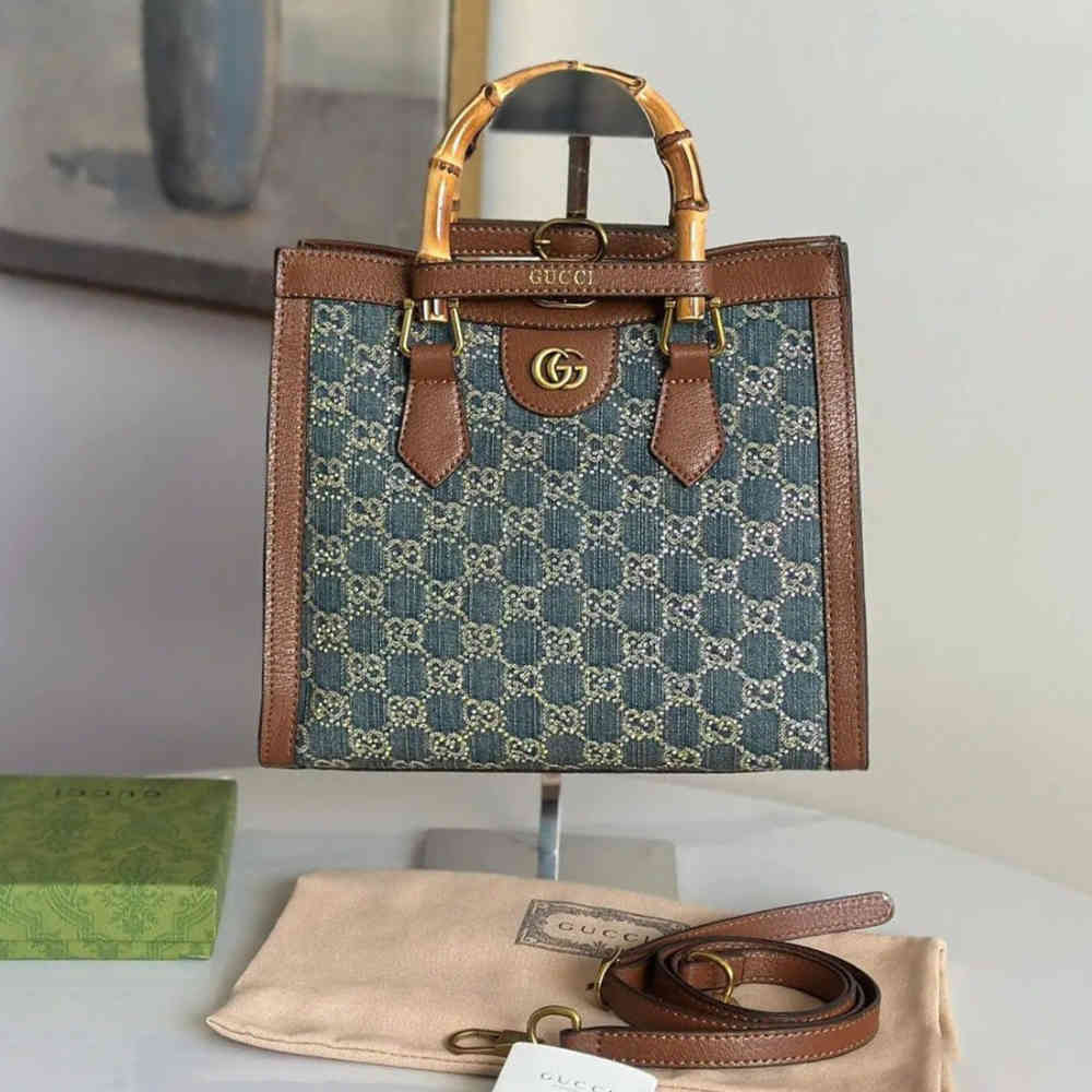 Gucci Diana GG Denim Swarovski Studded Handbag-thumb-0