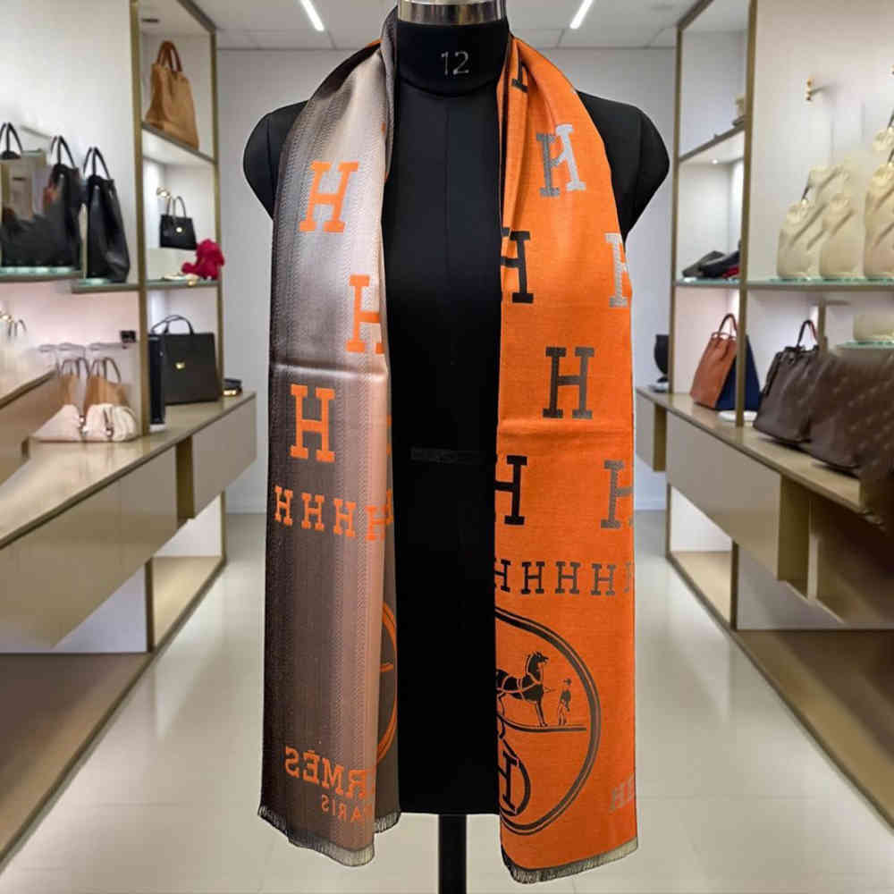 Hermes Orange Cashmere Reversible Stole-thumb-0