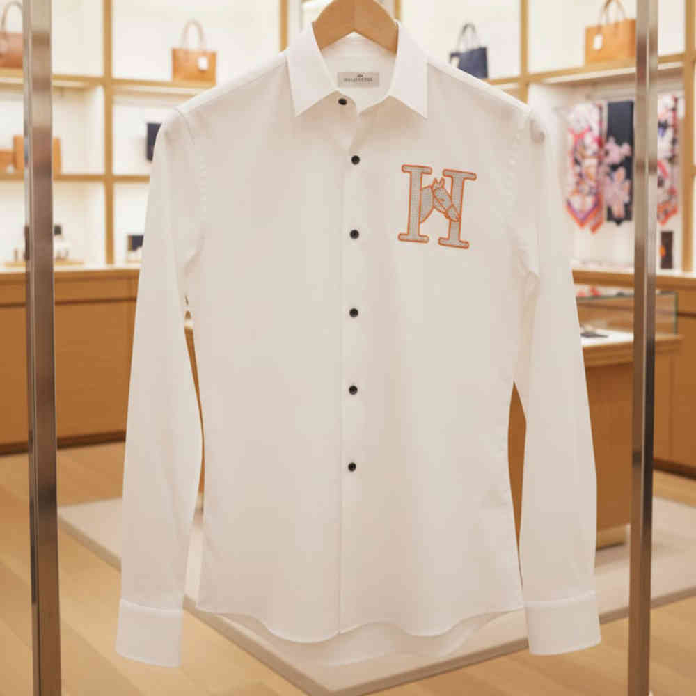 Hermès H Logo Embroidery White Premium Shirt-thumb-1