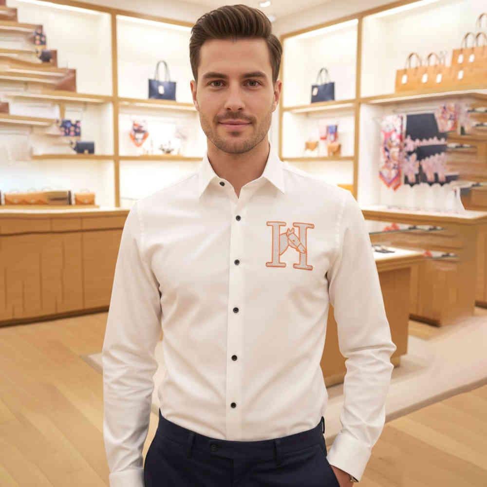 White Hermès H Logo Embroidery Grey Premium Shirt