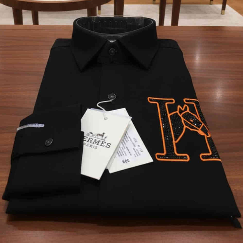 Hermès H Logo Embroidery Black Premium Shirt-thumb-2