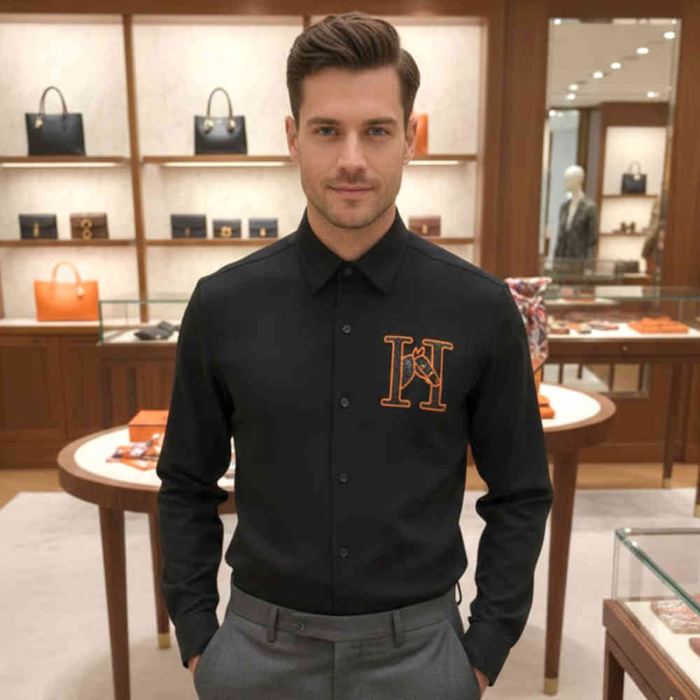 Hermès H Logo Embroidery Black Premium Shirt-thumb-3
