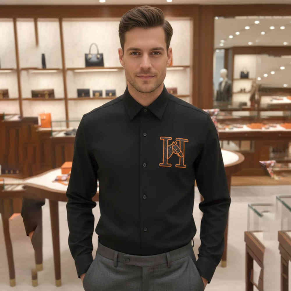 Black Hermès H Logo Embroidery Grey Premium Shirt