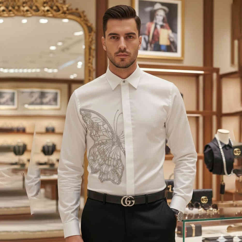 White Gucci Butterfly Print Black Premium Shirt