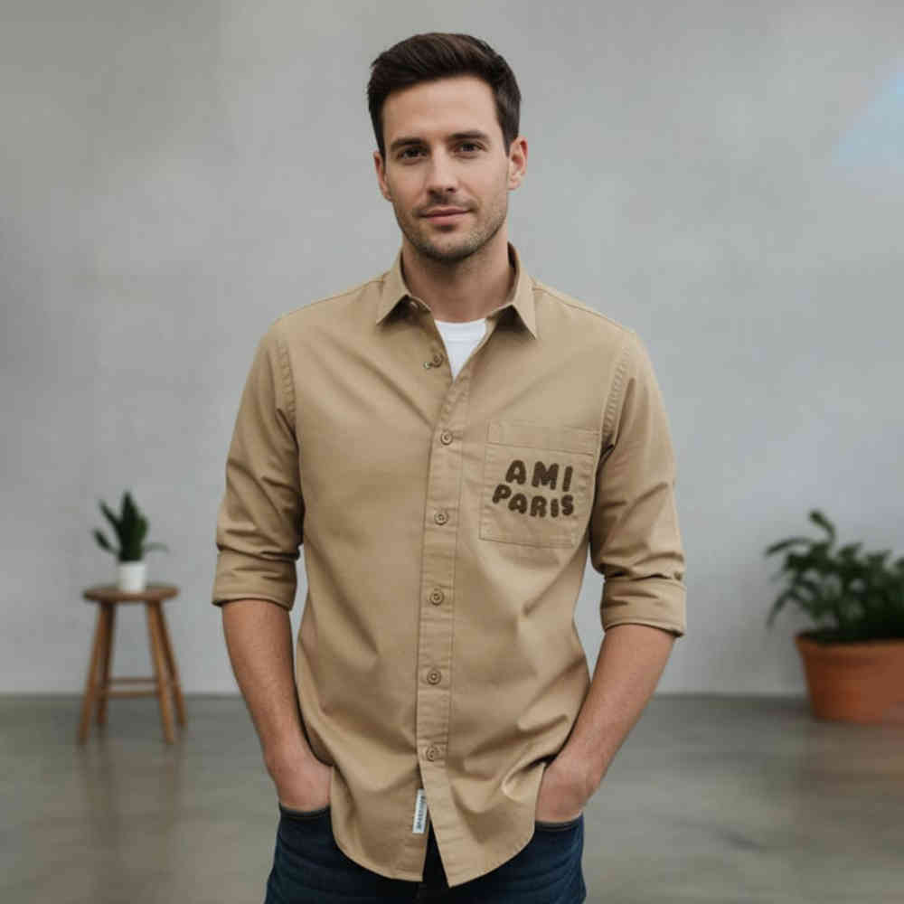Beige Ami Paris Embroidery Logo Black Cotton Shirt