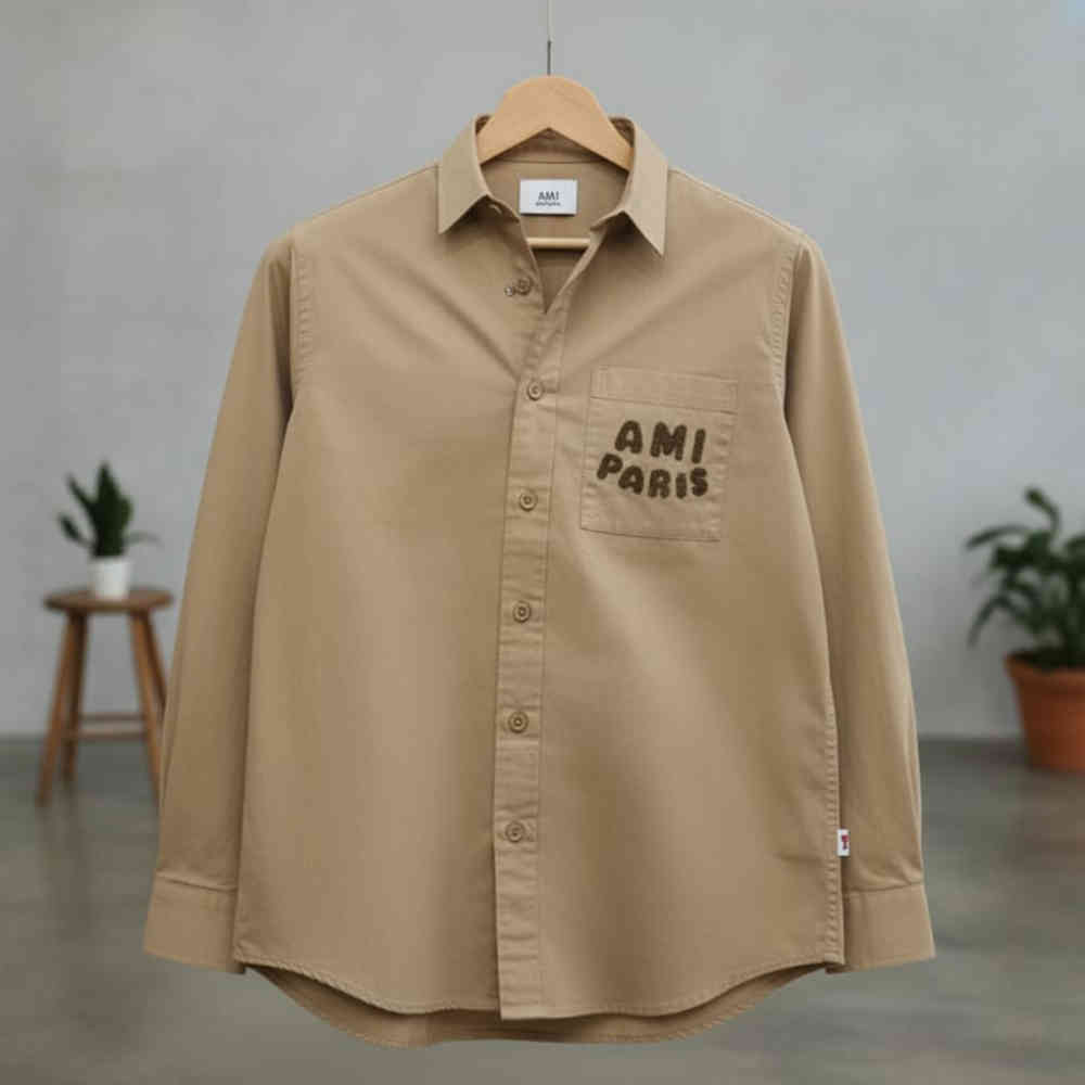 Ami Paris Embroidery Logo Beige Cotton Shirt-2