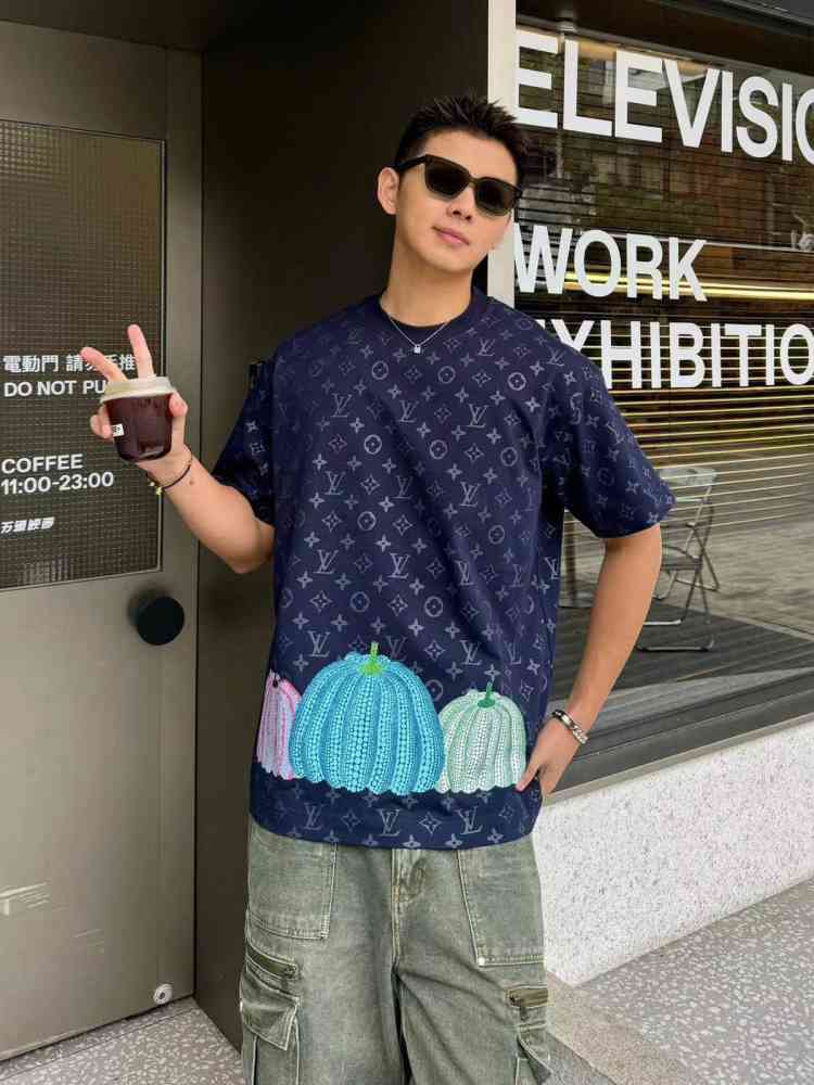 Blue Louis Vuitton Black Embroidery Logo Premium Baggy Fit T-shirt