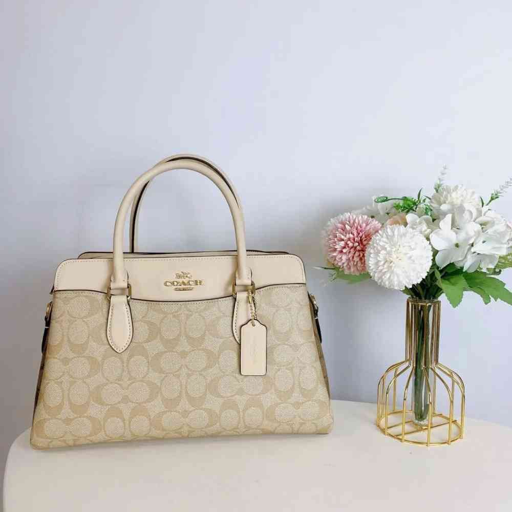 Beige Coach C Logo Darcie Dark Brown Hand Bag