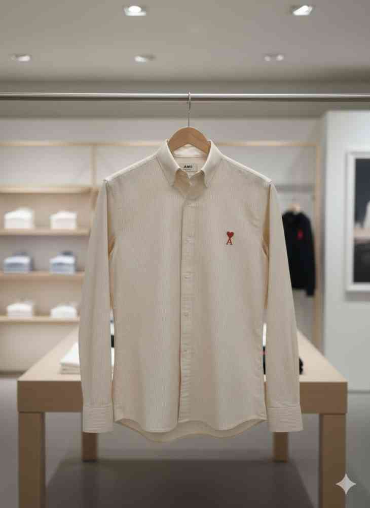 Ami Paris Heart Logo Cream Striped Shirt-2