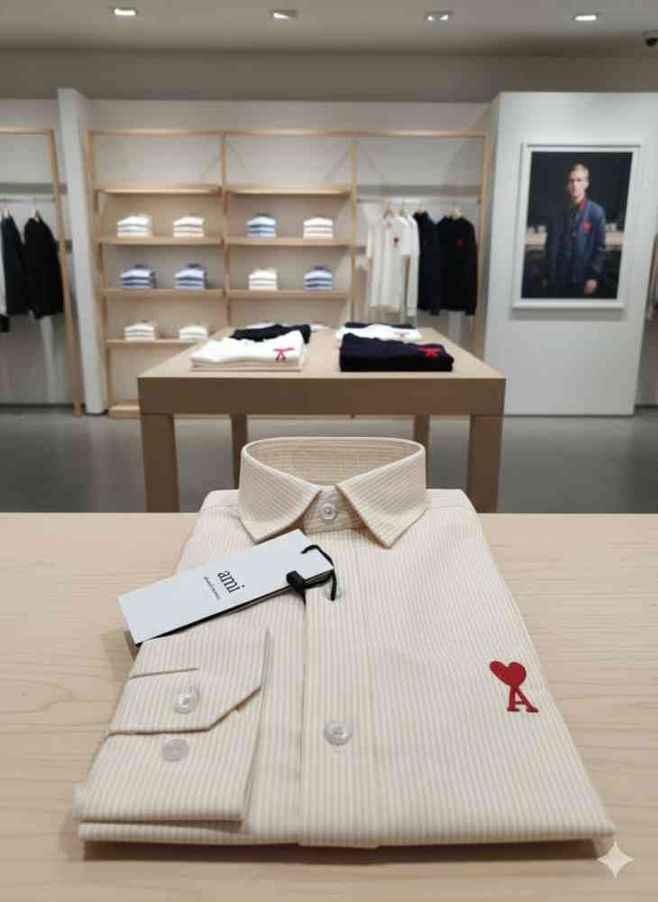 Ami Paris Heart Logo Cream Striped Shirt-3