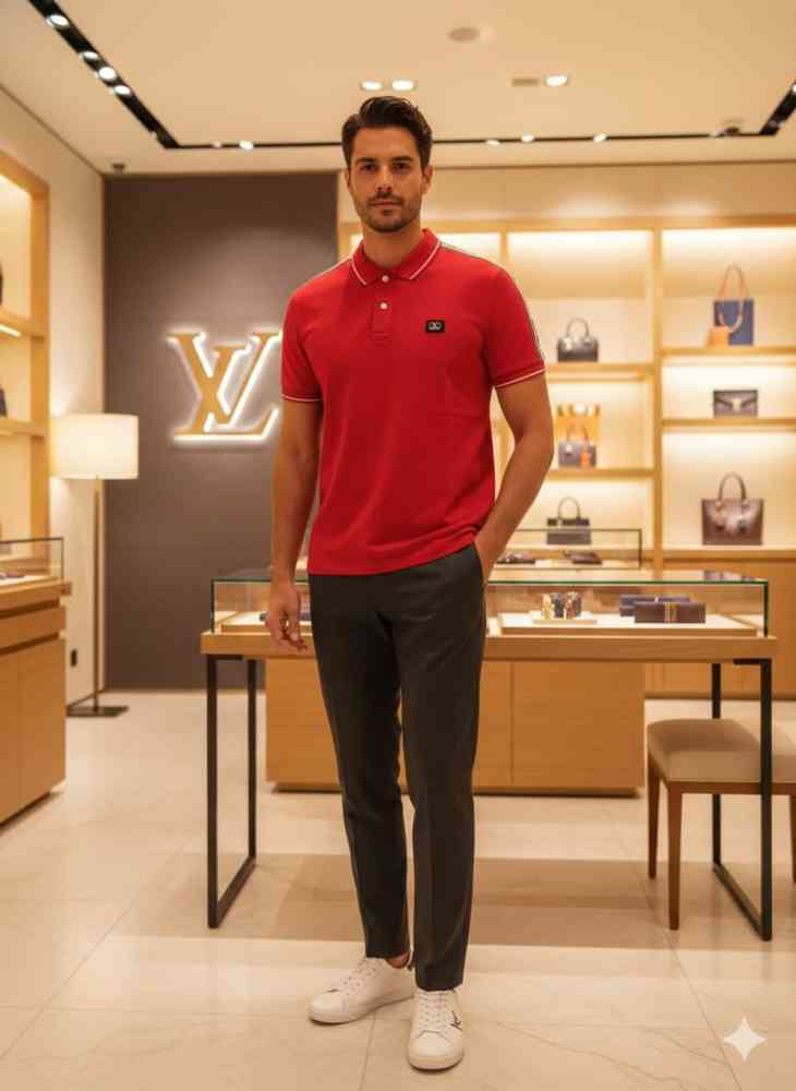 Red Louis Vuitton Brown Embroidery Logo Premium T-shirt