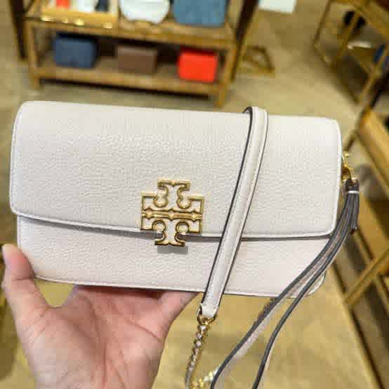 White Tory Burch Britten Chain Wallet Black Wristlet Sling Bag