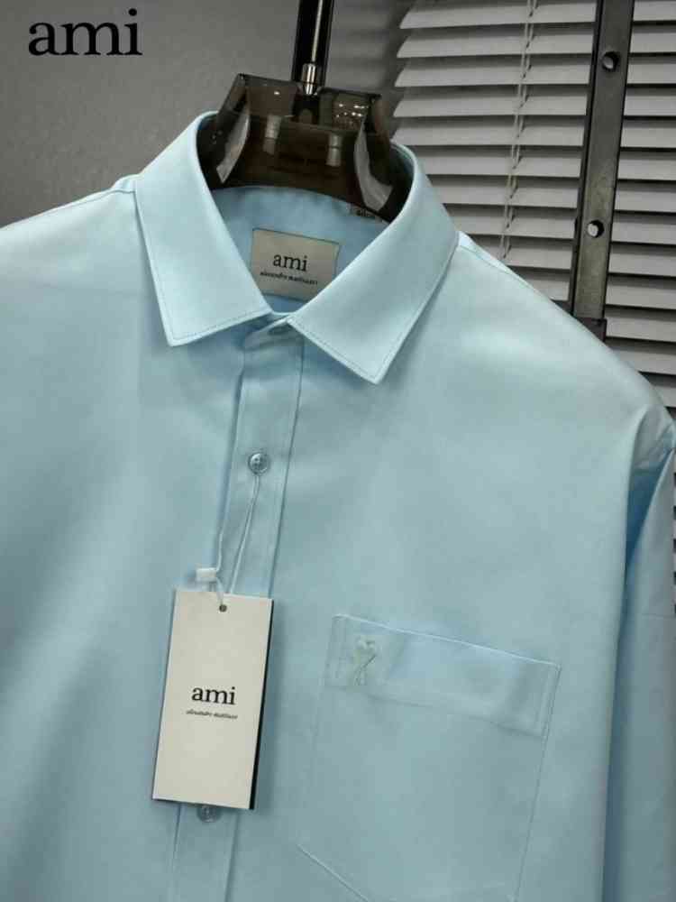 Ami Paris Heart Logo skyblue Striped Shirt-thumb-1
