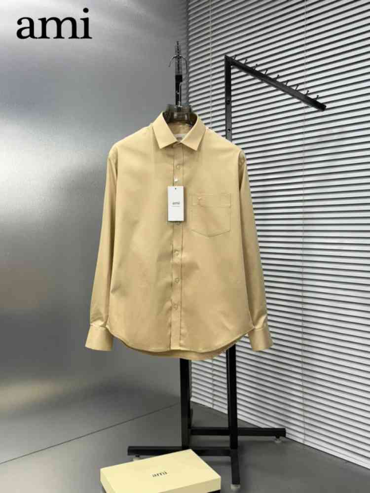 Ami Paris Heart Logo Beige Striped Shirt-thumb-0