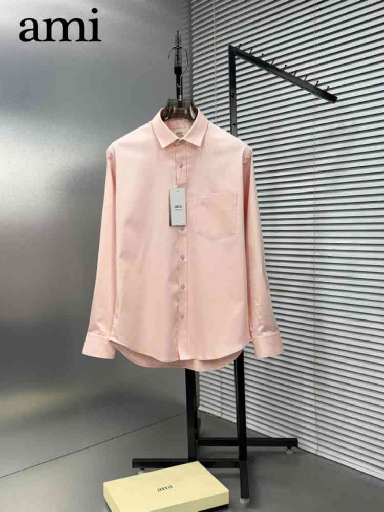 Ami Paris Heart Logo Pink Striped Shirt-thumb-0