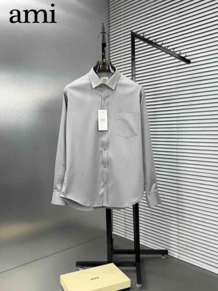 Ami Paris Heart Logo Grey Striped Shirt-thumb-0