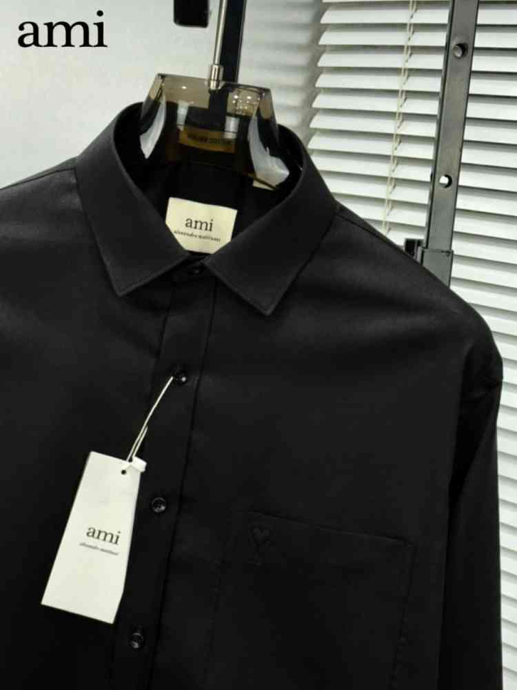 Ami Paris Heart Logo Black Striped Shirt-thumb-1