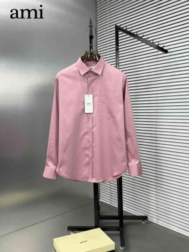Dark Pink Ami Paris Heart Logo White Striped Shirt