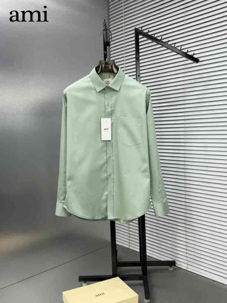 Ami Paris Heart Logo Light Green Striped Shirt-thumb-0