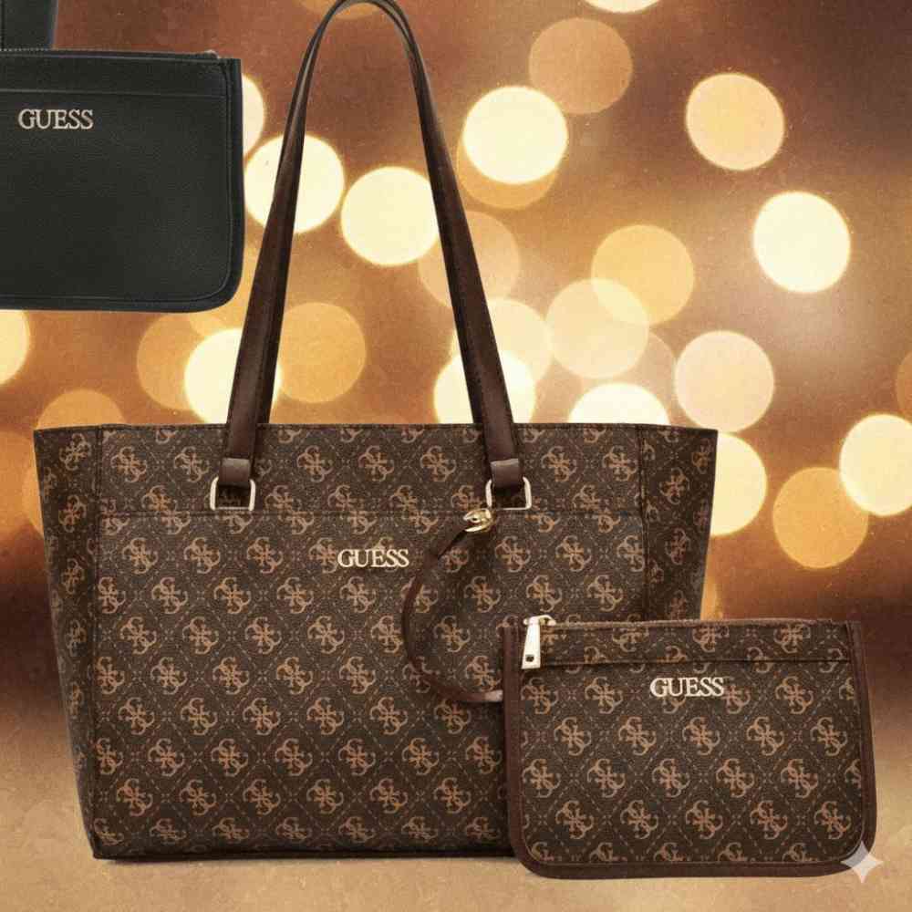 Brown & Golden Guess Cocoa Delphine Beige Shoulder Bag