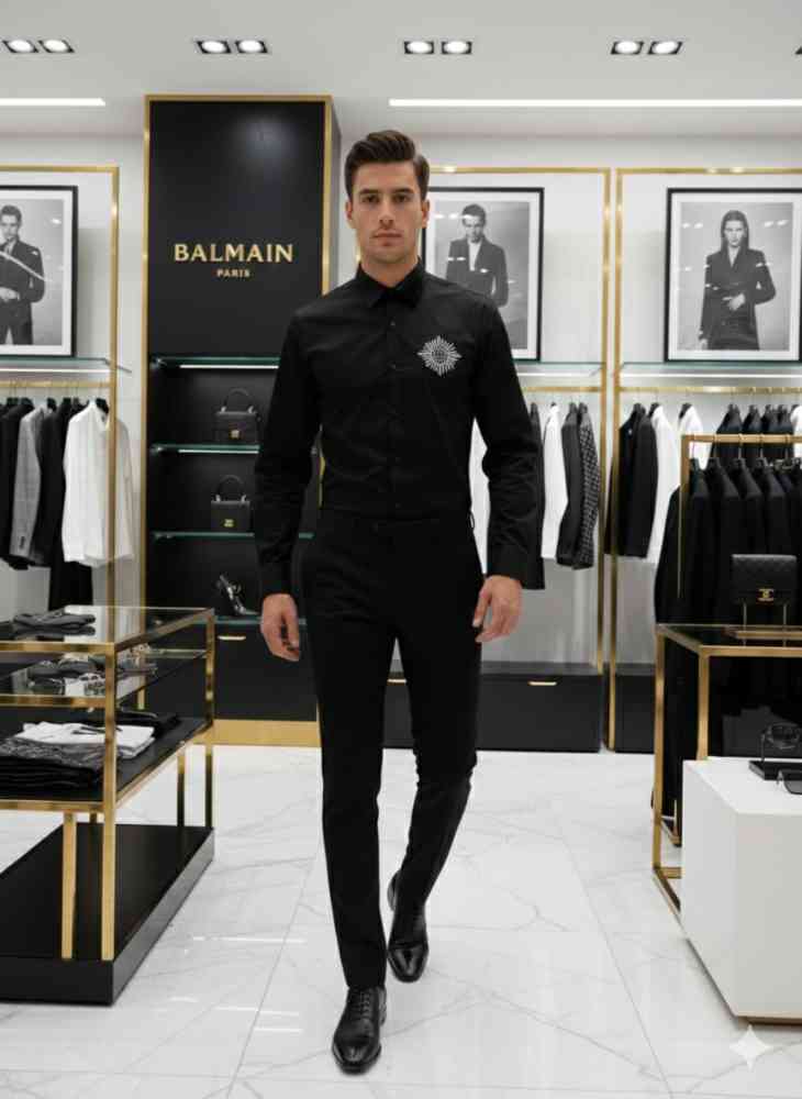 Black Balmain Embroidered White Premium Cotton Shirt