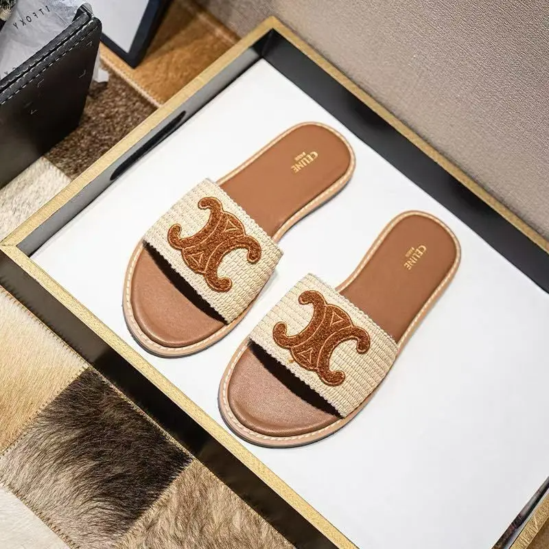 Celine Lympia Brown Logo Premium Quality Flat Sandal-thumb-0