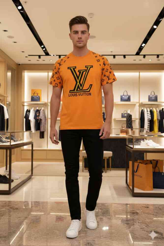 Louis Vuitton Orange Embroidery Logo Premium T-shirt-thumb-0