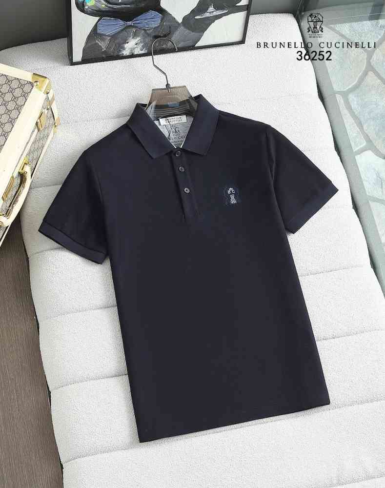 Blue Brunello Cucinelli Grey Embroidery Premium Polo T-shirt