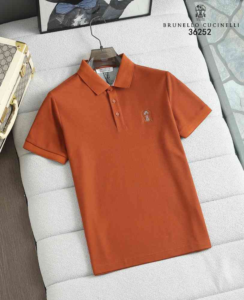 Orange Brunello Cucinelli Grey Embroidery Premium Polo T-shirt