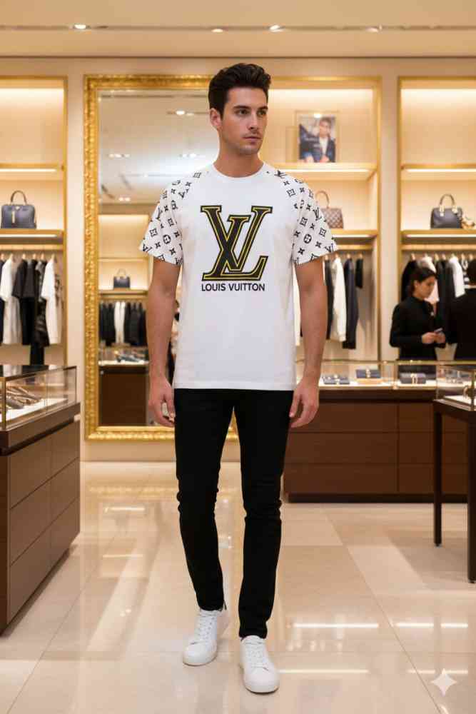 Louis Vuitton White Embroidery Logo Premium T-shirt-thumb-0