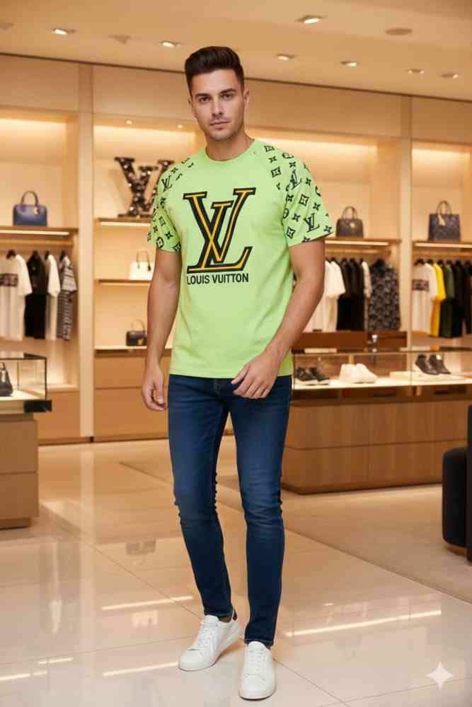 Louis Vuitton Green Embroidery Logo Premium T-shirt-thumb-0