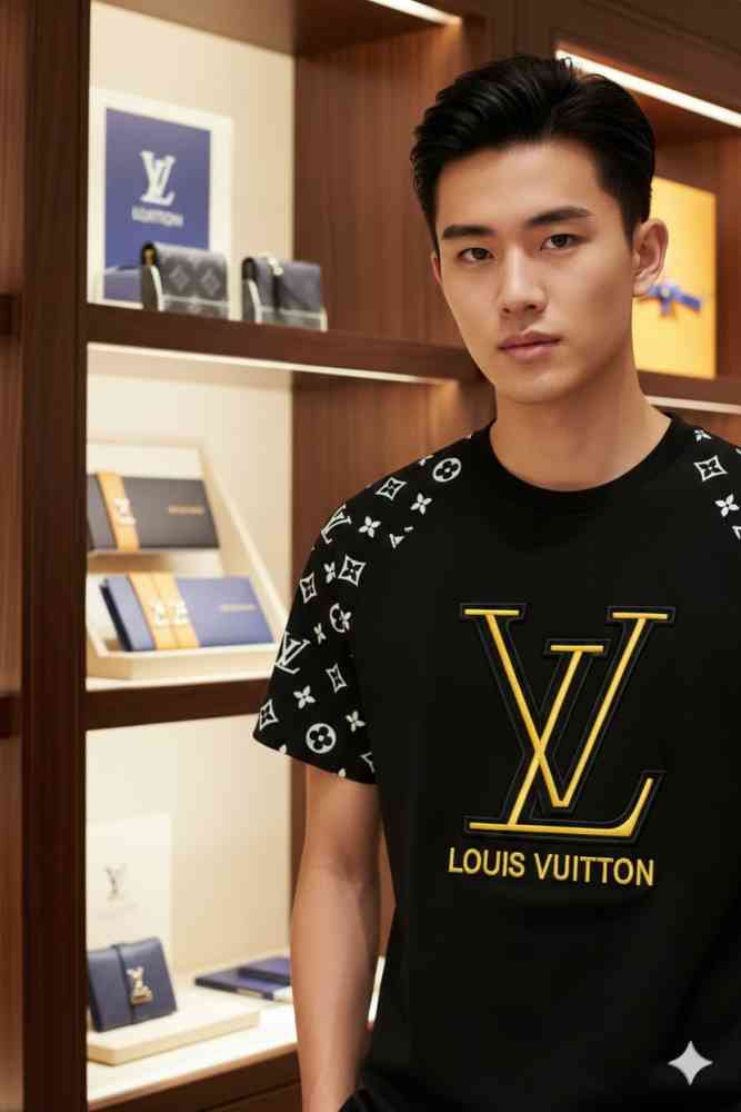 Louis Vuitton Black Embroidery Logo Premium T-shirt-thumb-1