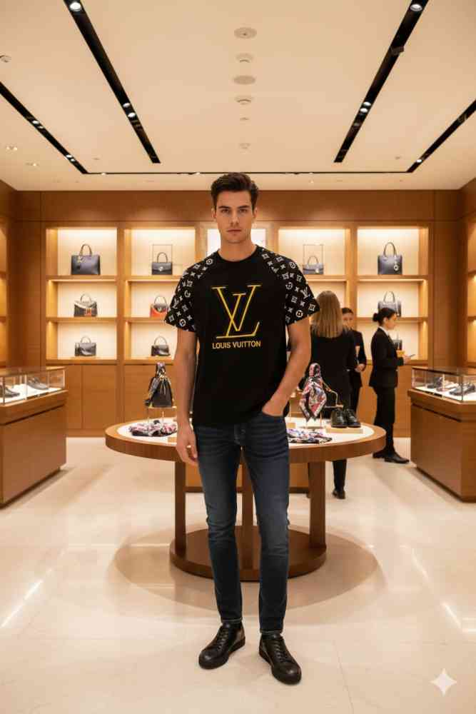 Black Louis Vuitton White Embroidery Logo Premium T-shirt