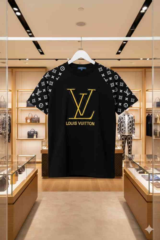 Louis Vuitton Black Embroidery Logo Premium T-shirt-thumb-2