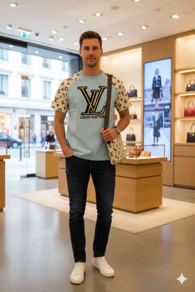 Sky Blue Louis Vuitton White Embroidery Logo Premium T-shirt