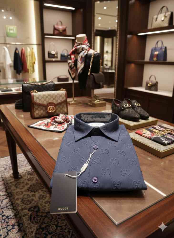 Gucci Navy Blue Premium Quality Cotton Shirt-thumb-3