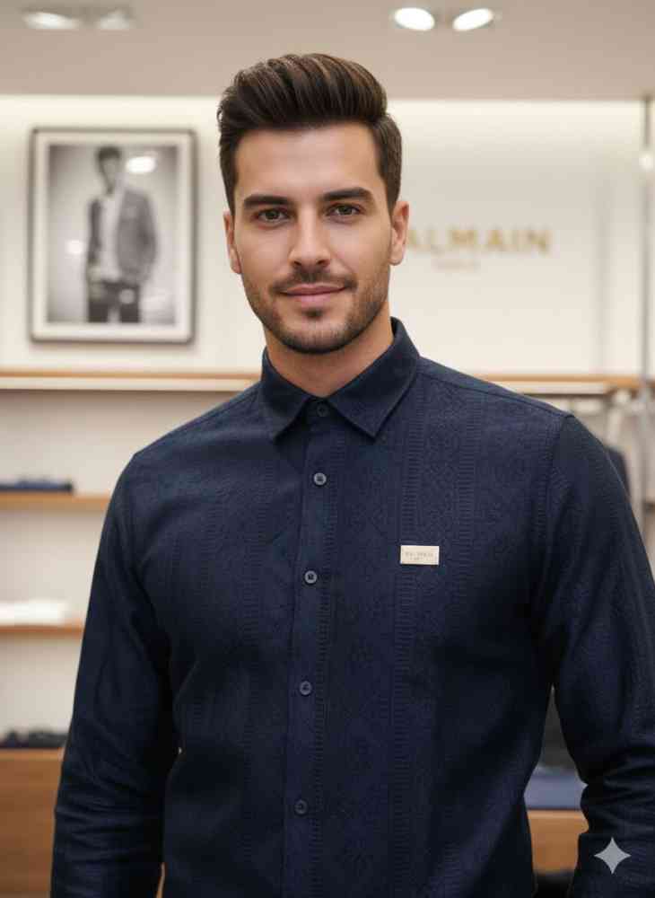 Balmain Embroidered Blue Premium Cotton Shirt-thumb-1